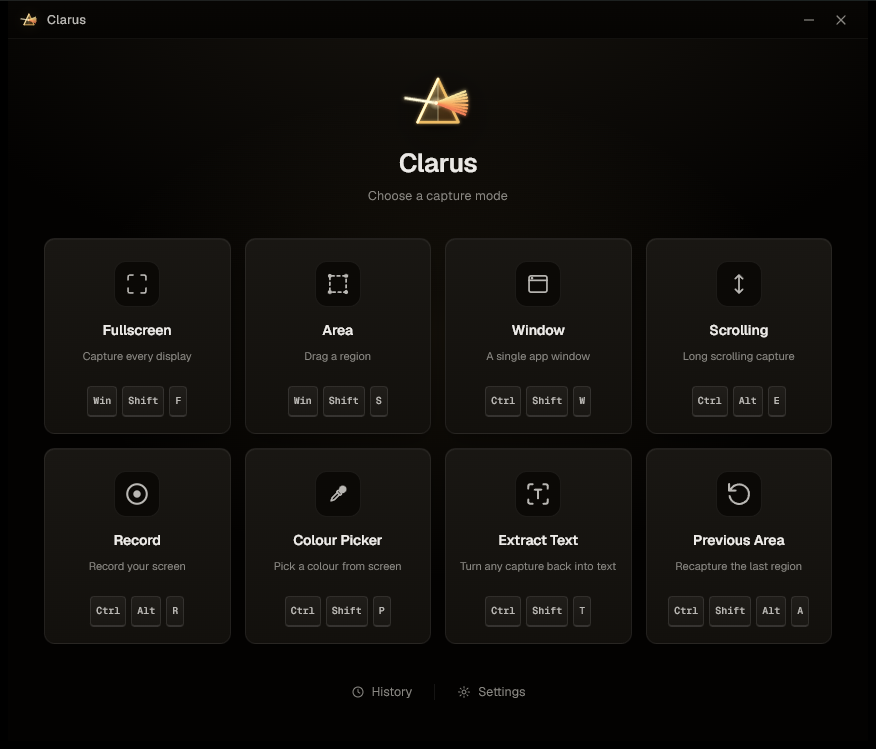 The Clarus launcher — eight capture modes with their shortcuts